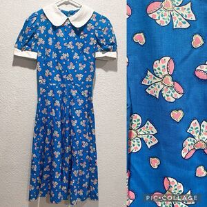 Vintage Novelty Print Doll Collar Bow Heart Blue Dress Women's Small / XS Twee